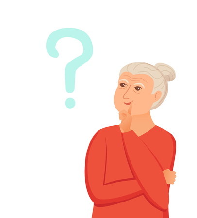 Old woman thinking with question marks. Vector illustration of lady puzzled with problem looking around. Cartoon design male person wondering for decision, smiling.のイラスト素材