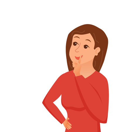 Thinking woman isolated on white. Vector illustration of pretty face young girl puzzled with problem looking around. Cartoon design male person have an idea, wondering for decision, smiling.のイラスト素材