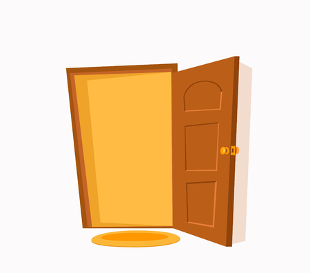 Open door cartoon colorful vector illustration. House apartment entrance corridor flat design background.  Home exit interior view freedom concept.のイラスト素材