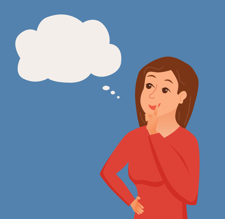 Thinking woman with speech bubble. Vector illustration of pretty face young girl puzzled with problem looking around. Cartoon design male person have an idea, wondering for decision, smiling.のイラスト素材