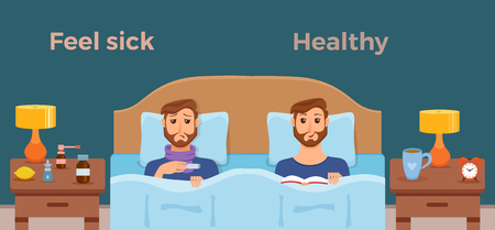 Sick men in bed the symptoms of cold, flu and feel good healthy male with bookのイラスト素材