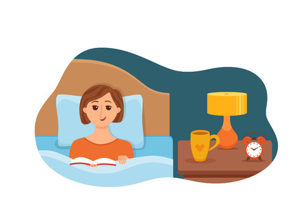 Girl lying on bed in home bedroom and reading a book in her hands under lamp light. Vector illustration of young woman having rest, relax, cozy comfortable night home interior with cup of tea, clock. のイラスト素材