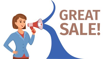 Woman holding loudspeaker calling for attention cartoon illustration.のイラスト素材