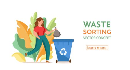 Young woman throwing garbage into containers vector illustration. Waste management concept with eco-friendly girl sorting plastic into different tanks. Ecological infographic for save the Earth designのイラスト素材