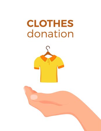 Cloth donation vector colorful cartoon style concept. Illustration of hand holding dress hanger. Social care and charity design. Swap party or event of exchanging old wardrobe for new template.のイラスト素材