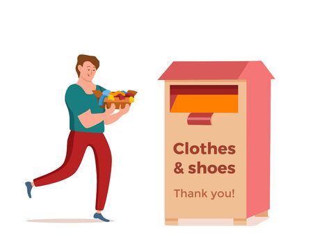 Cloth donation vector colorful cartoon style concept. Illustration of guy with box of her old dress putting it into donation bin. Social care and charity design. Swap party or volunteers template.のイラスト素材