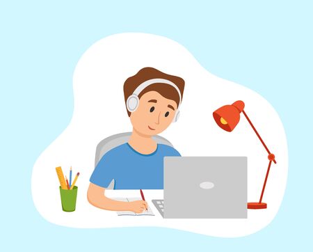 Boy studying online education at home cartoon vector illustration.のイラスト素材