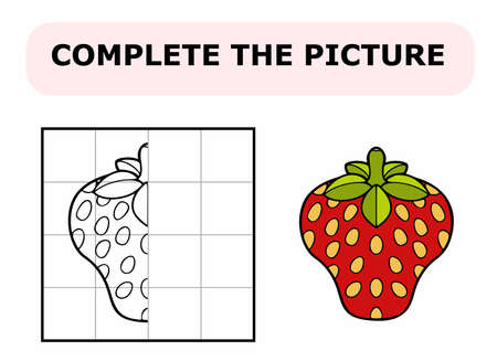 Complete the picture. Coloring book. Educational game for children. Cartoon vector illustration of strawberry.のイラスト素材