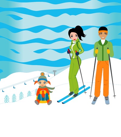 Family skiingのイラスト素材