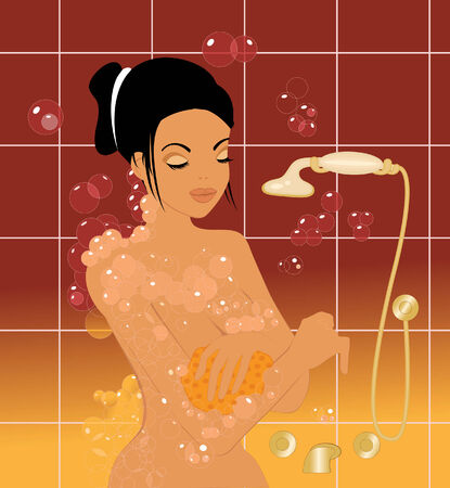 Young beautiful brunette having a showerのイラスト素材