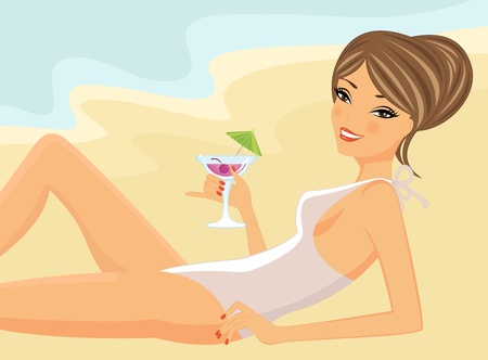 Beautiful girl drinking cocktail on a beach のイラスト素材
