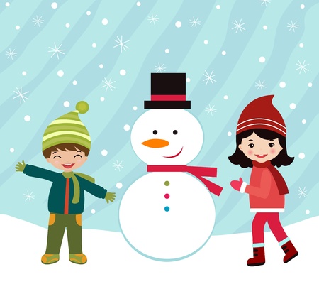 Happy kids making a snowmanのイラスト素材