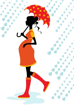 Pregnant woman walking in the rainのイラスト素材