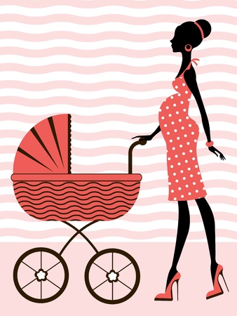 Chic pregnant woman with baby carriageのイラスト素材