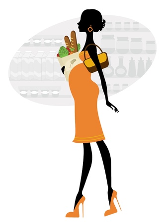 Chic pregnant woman shopping for groceriesのイラスト素材
