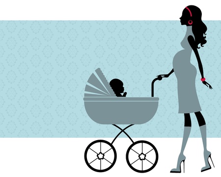 Elegant pregnant woman with another baby in baby carriageのイラスト素材