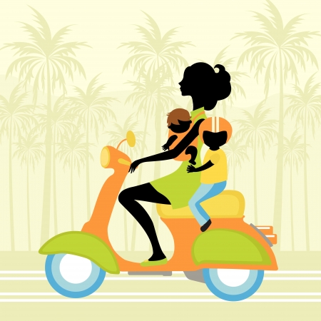 Young mother scooter with two kidsのイラスト素材