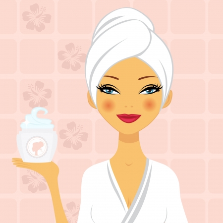 A illustration of a beautiful woman holding a moisturizing creamのイラスト素材