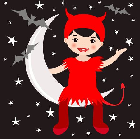 An illustration of a cute girl in devil costume sitting on the moonのイラスト素材