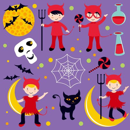 Cute Halloween set with kids dressed as red devilsのイラスト素材