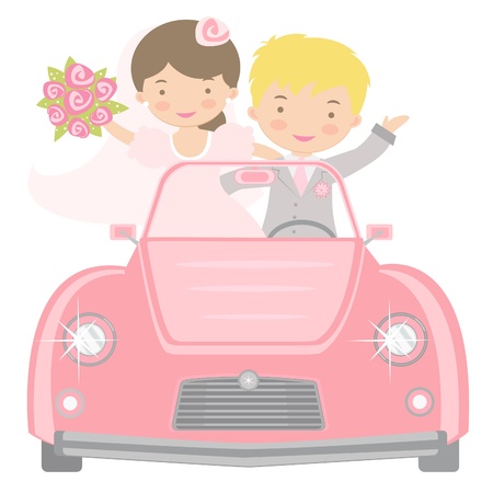 An illustration of cute bride and groom driving to honeymoonのイラスト素材