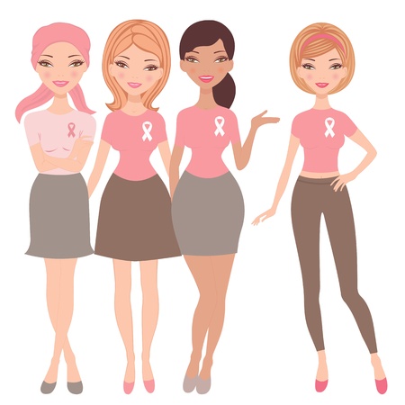 An illustration of four young women wearing  breast cancer wareness ribbon t-shirtsのイラスト素材