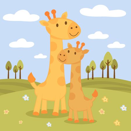 An illustration of happy giraffes familyのイラスト素材
