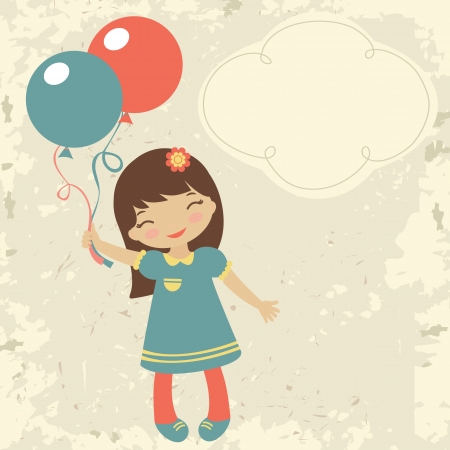 Old style card with little girl holding balloonsのイラスト素材