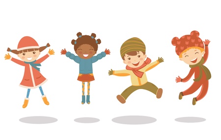 An illustration of jumping kids in winterのイラスト素材