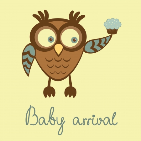 Cute baby boy arrival announcement card with owl holding cupcakeのイラスト素材