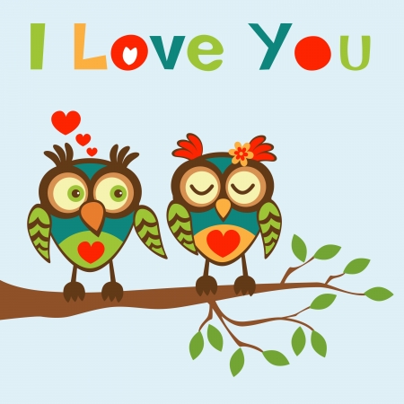 I love you card with two lovely owlsのイラスト素材