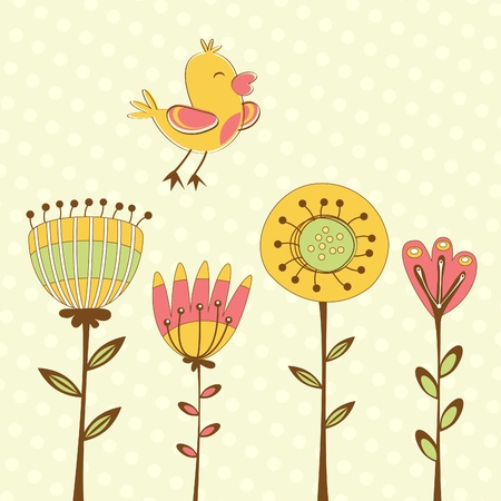 Beautiful card with flying bird and flowers illustrationのイラスト素材