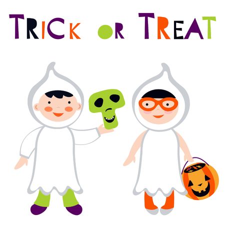 Trick or treat kids illustration  Boy and girl in ghost costumesのイラスト素材