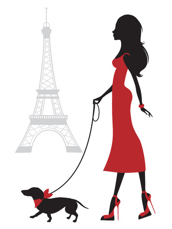 Illustration of a Beautiful woman with dachshund in Parisのイラスト素材