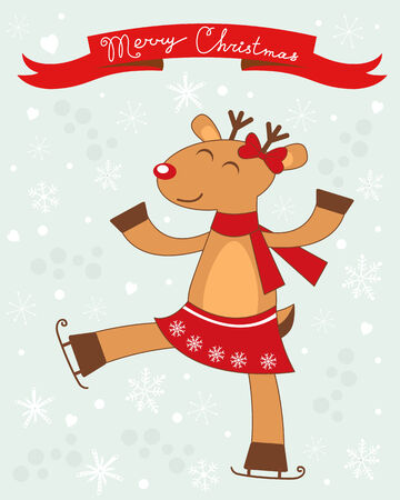 Christmas card with cute deer girl dancing. Vector formatのイラスト素材