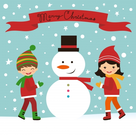 Christmas card with happy kids and snowmanのイラスト素材
