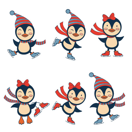 Cute collection of Ice skating penguins のイラスト素材