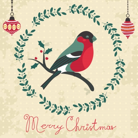Chrsitmas card with bullfinch sitting on a branch with holly leavesのイラスト素材