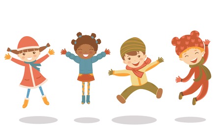 An illustration of jumping kids in winterのイラスト素材