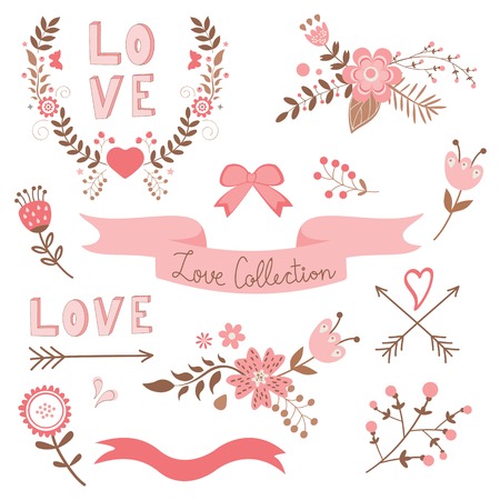 Elegant love collection: ribbons, flowers, hearts, arrowsのイラスト素材