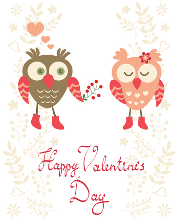Valentine`s day card with owls coupleのイラスト素材