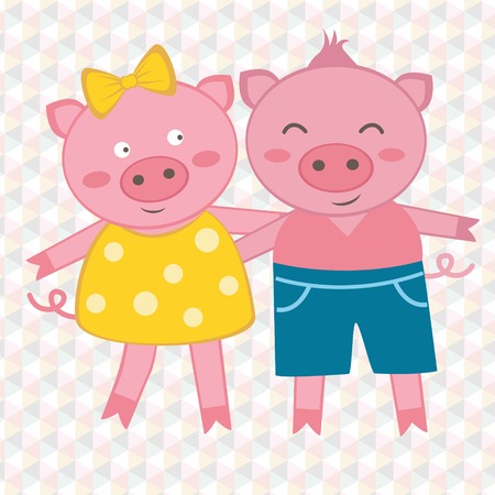 Illustration of spring pigs couple on geometrical backgroundのイラスト素材