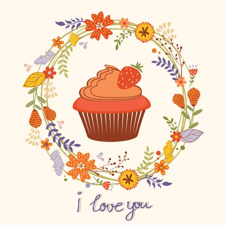 Greeting card with cupcake and wreathのイラスト素材