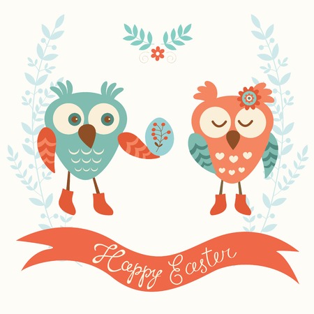Cute Easter card with owls coupleのイラスト素材