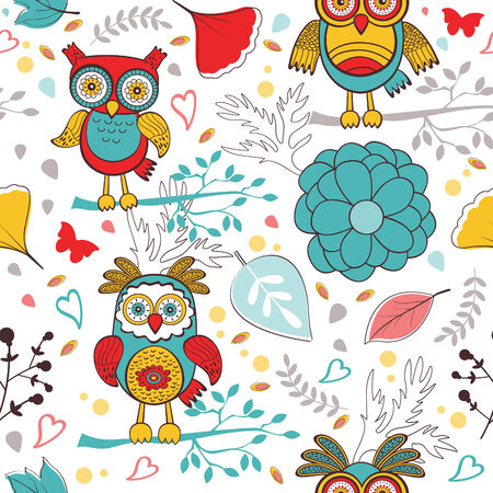 Cute colorful pattern with  funny owls and flowers. のイラスト素材