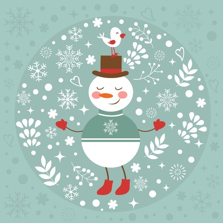 Beautiful Christmas card with snowman and bird. vector illustrationのイラスト素材
