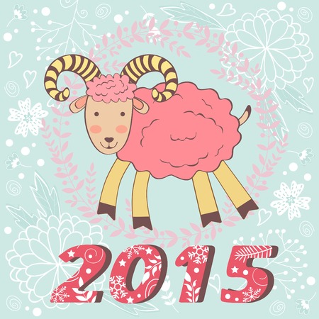 Concept 2015 new years card with cute goat. vector illustrationのイラスト素材