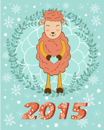 2015 card with cute smili. vector illustrationng sheep holding heartのイラスト素材