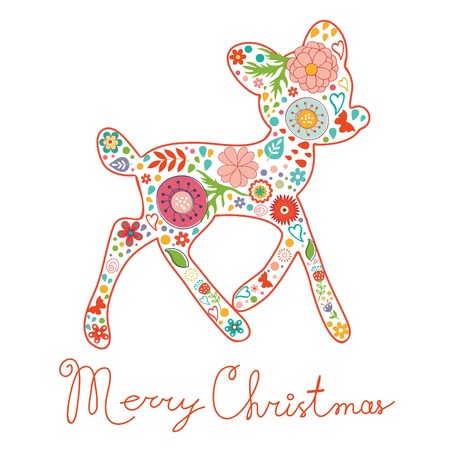 Merry Christmas greeting card. Colorful floral deer and handritten Merry Christmas. Vectro illustrationのイラスト素材
