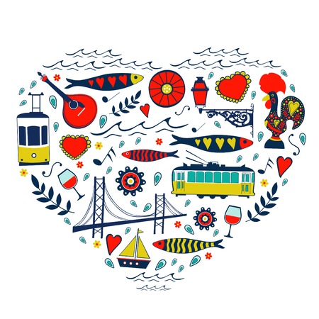 Travel concept card. Illustration of love for Lisbon - heart with vector icons. Vector illustrationのイラスト素材